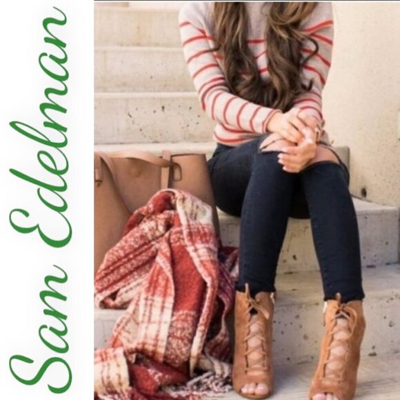 SAM EDELMAN YVIE Suede Open Toe Lace Up Ankle Boot Saddle Brown, Size 8 - Picture 1 of 13